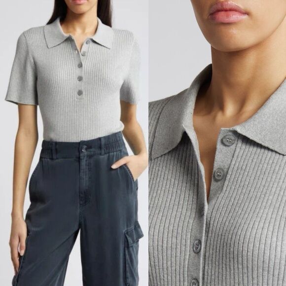 Treasure & Bond Short Sleeve Ribbed Polo Sweater Top Gray | Medium - Picture 2 of 11